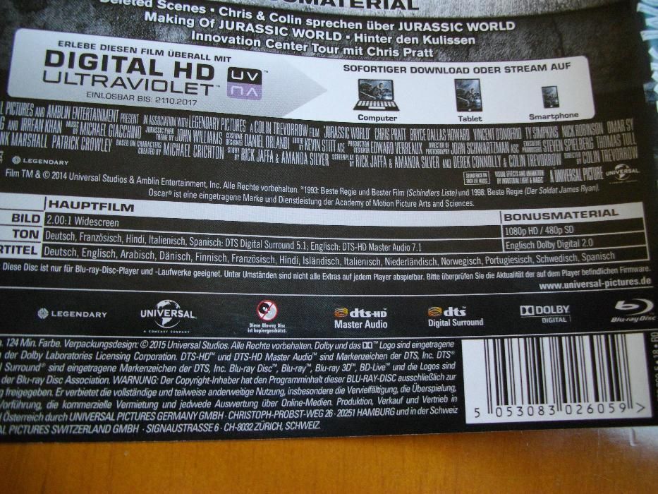 Jurassic World Blu-ray +