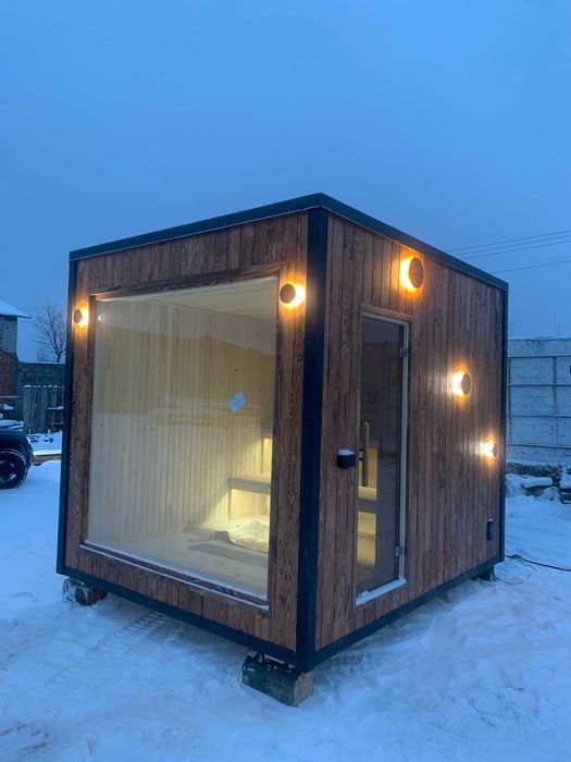 Модульна сауна “Wood Cube”з панорамним вікном.Сауна на дровах.Виробник