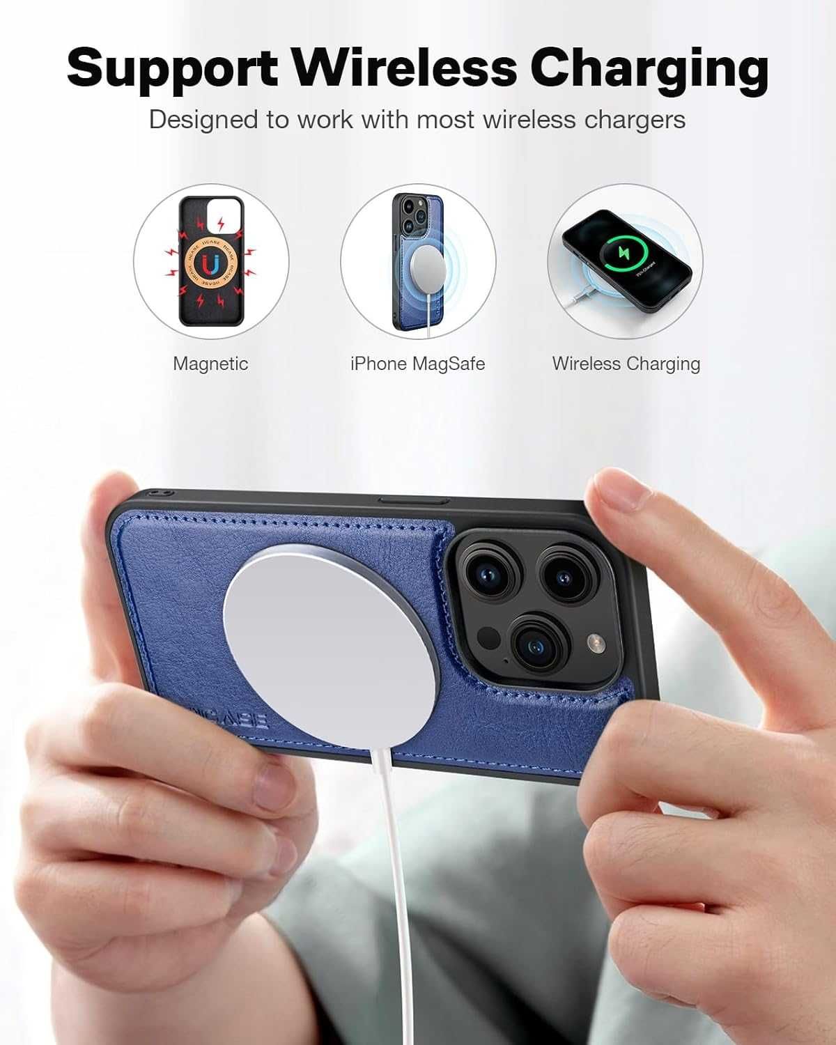 Ocase etui skórzane iPhone 15 Pro stojak magsafe granatowe portfel 2w1