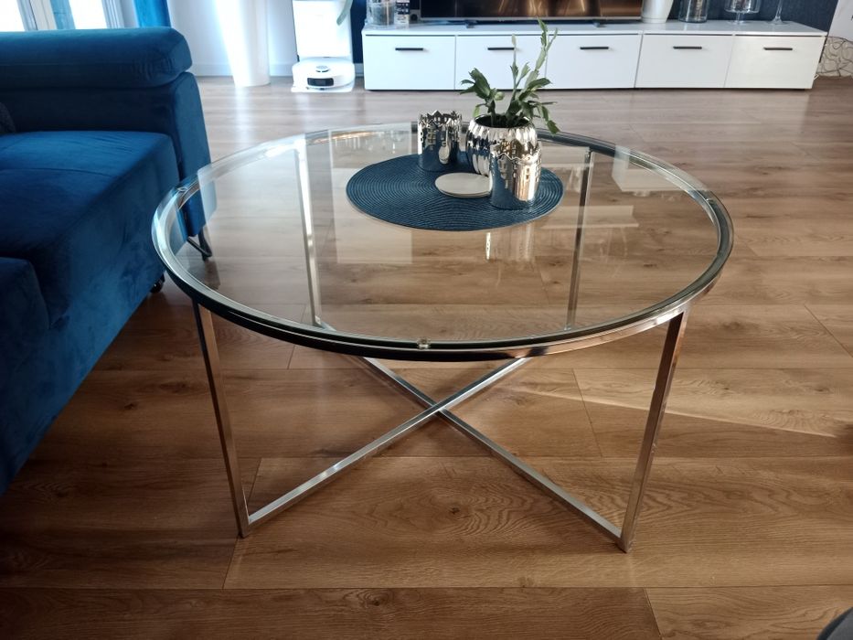 Stolik okrągły kawowy szklany chrom
