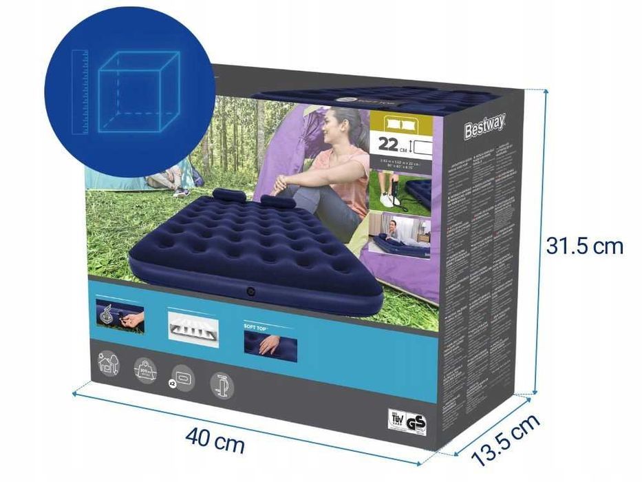 Bestway Łóżko Dmuchane Materac 2 Osobowy z Poduszkami i Pompką NOWY