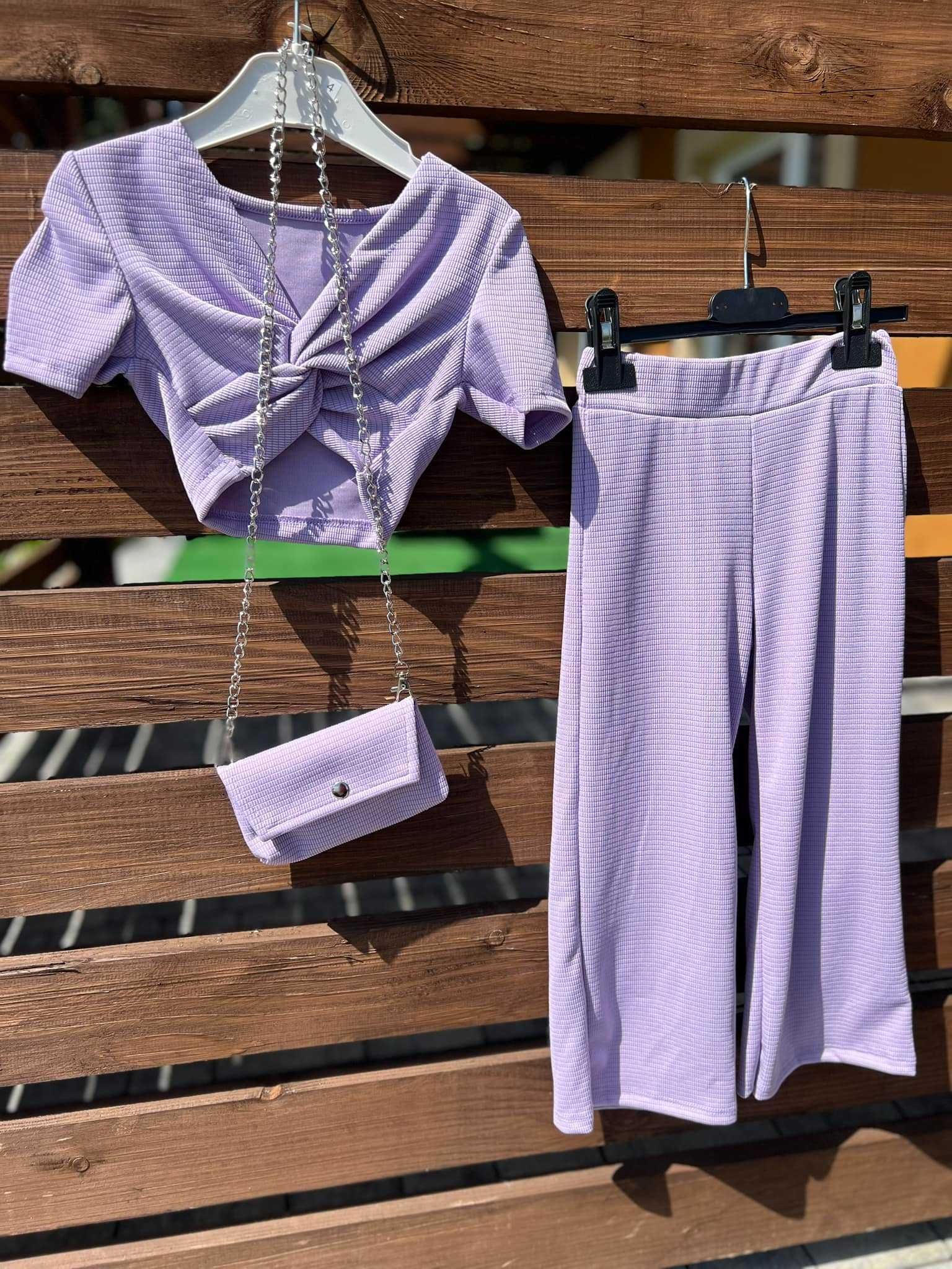 Komplet dla dziewczynki liliowy top torebka spodnie elastyczne 110-116