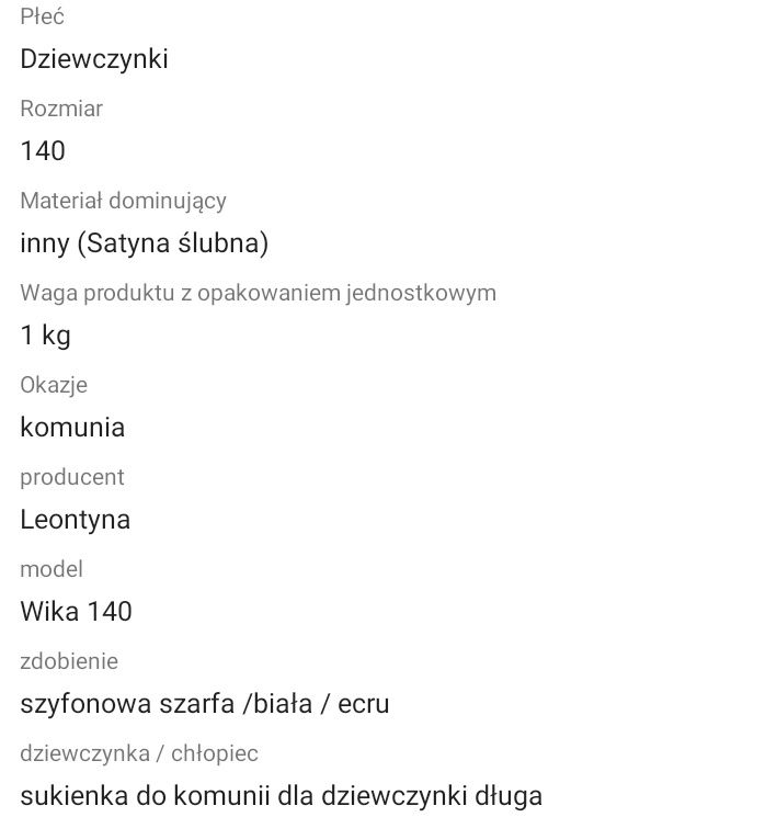 Sprzedam Sukienkę Komunijną roz. 140