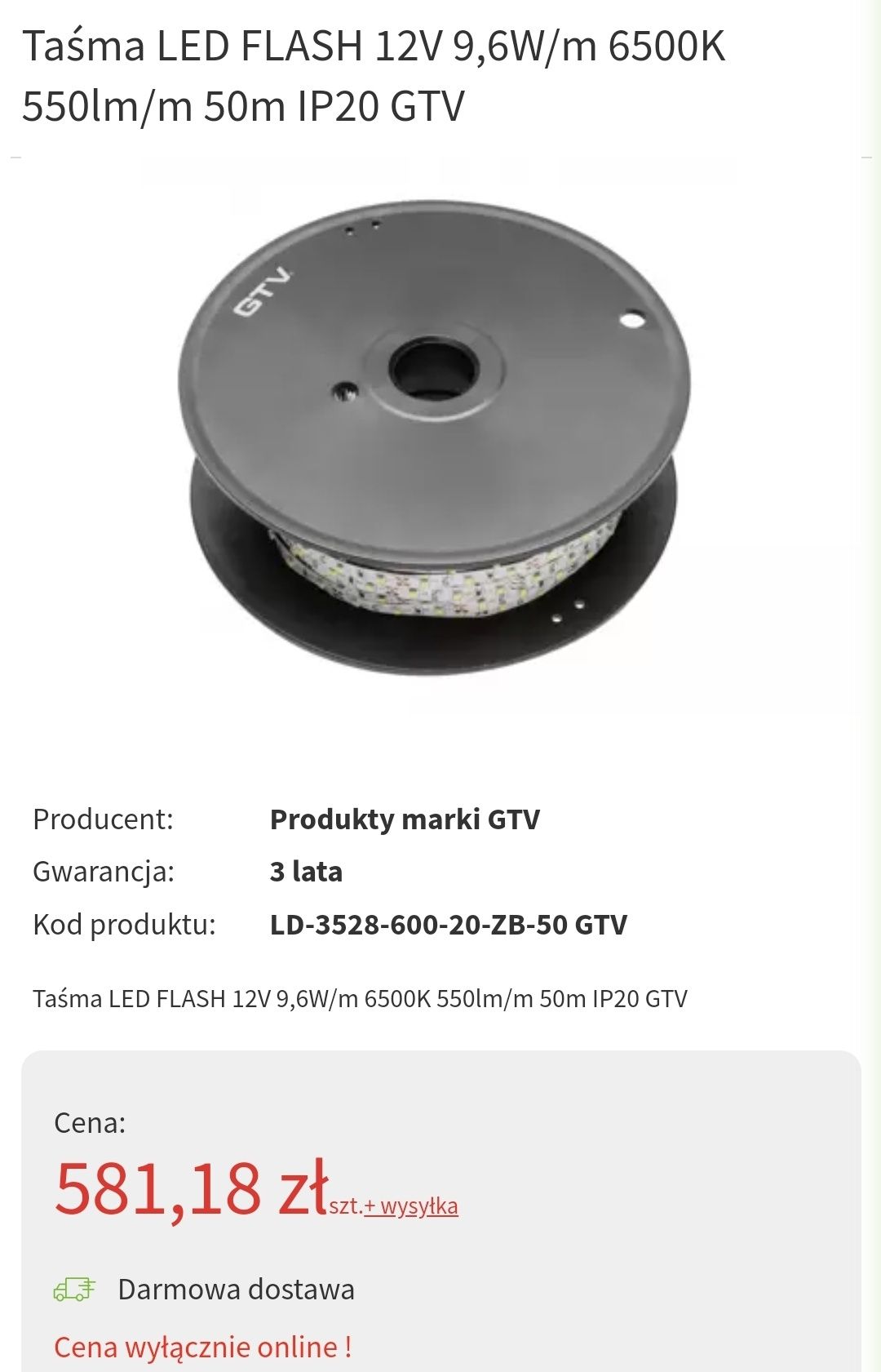 Taśma led 50 mb pasek GTV Biała ciepła 9.6W 12V NOWE skoff makita