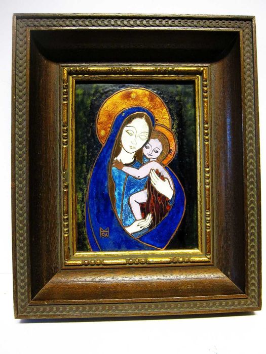 Pintura religiosa esmaltada - Nossa Senhora com o Menino - assinada