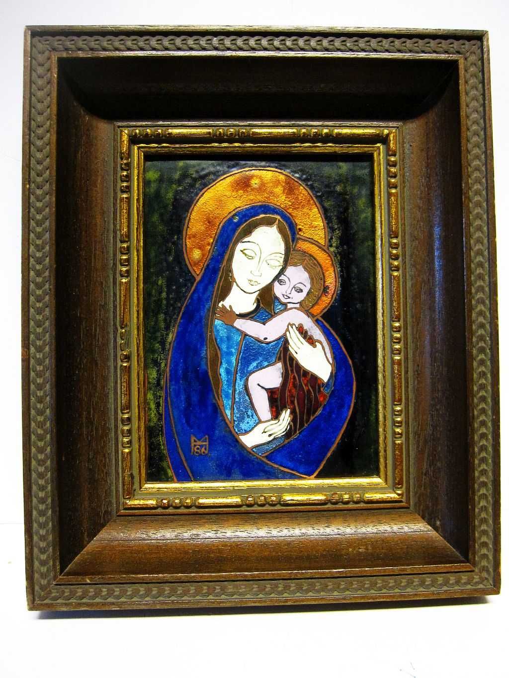 Pintura religiosa esmaltada - Nossa Senhora com o Menino - assinada