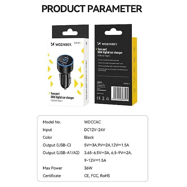 Ładowarka samochodowa Wozinsky Wdccac Usb-c Usb-a 36w - czarna