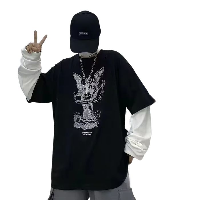Czarna koszulka oversize z motywem anioła Anime Harajuku Hikigawa  3XL