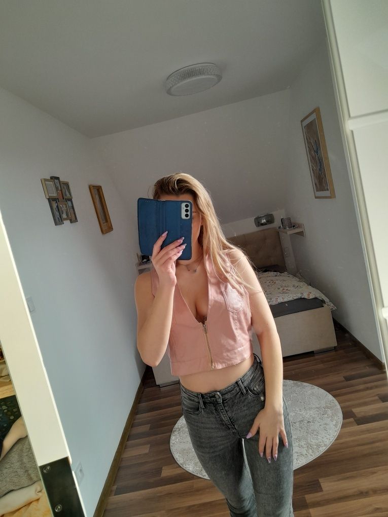 Bluzka crop top skórzana woskowana z kołnierzem kieszenie oversize