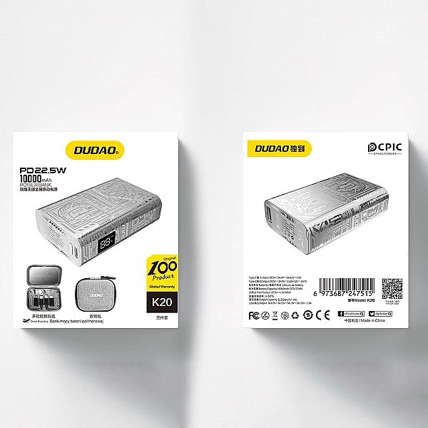 Powerbank Dudao K20 USB-A / USB-C 10000mAh 22.5W - srebrny