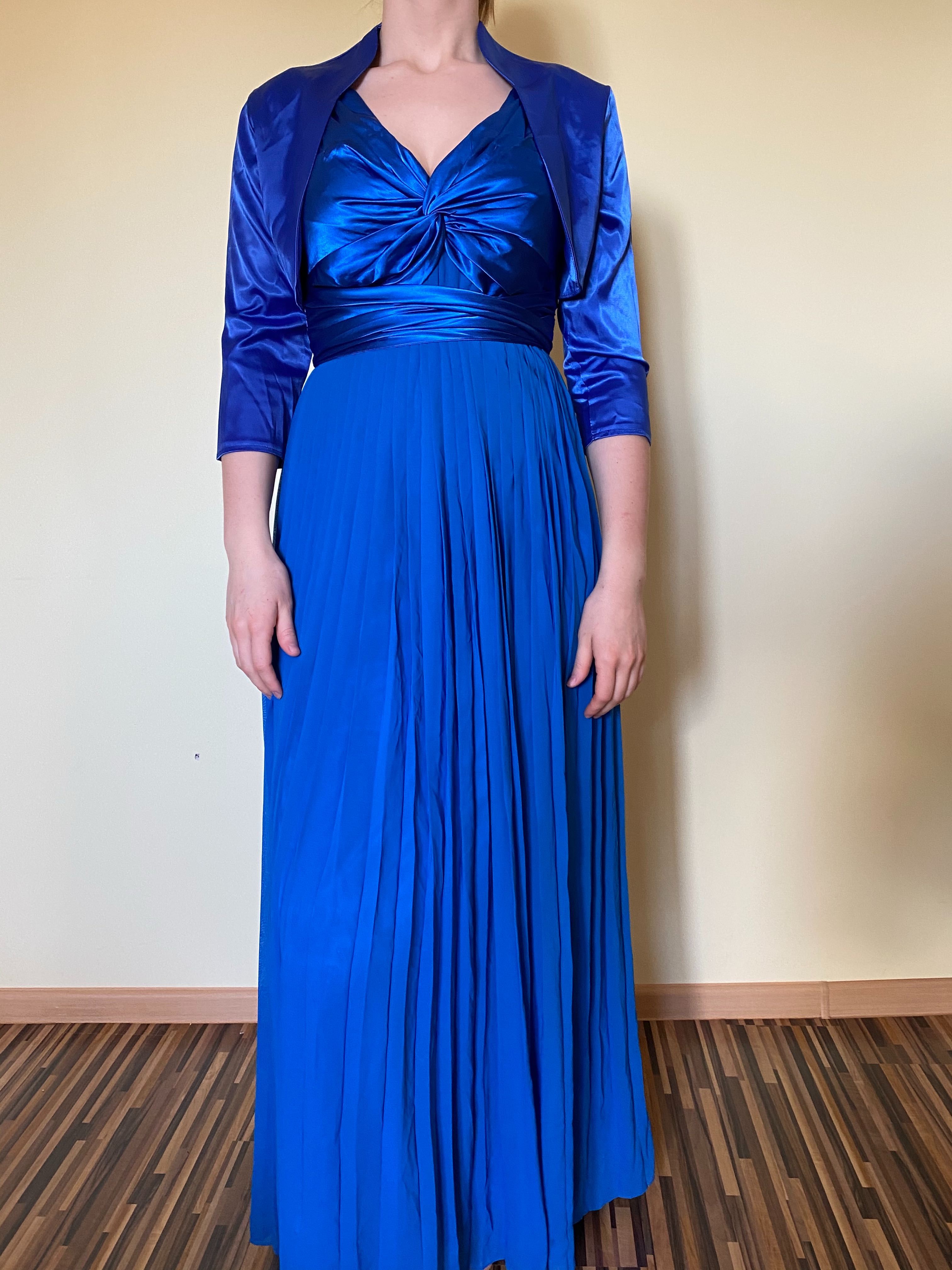 Suknia kobaltowa plisowana rozm 42 koronka, duży biust, talia, ciąża