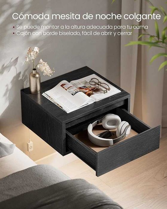 Stolik nocny wiszący zestaw 2 sztuk, lampa w 3 kolorach, wiszący regał