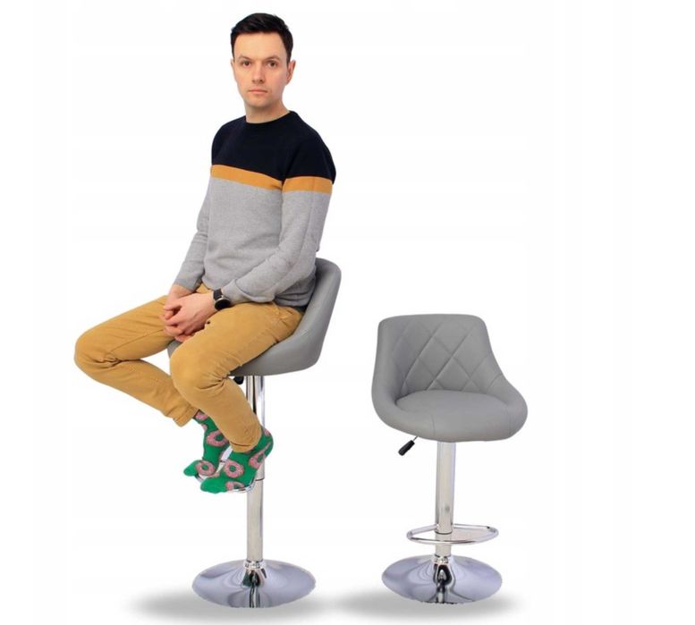 2x Hokery Krzesła Barowe Pikowane Skóra Ekologiczna Szare Regulowane