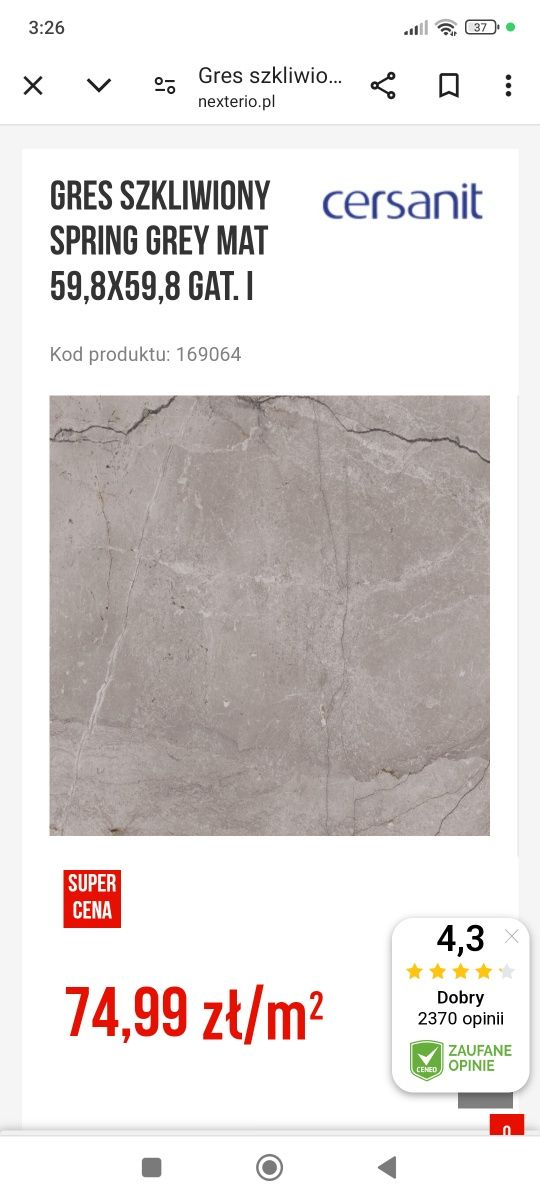 Gres szkliwiony SPRING grey mat 59,8x59,8 gat. I