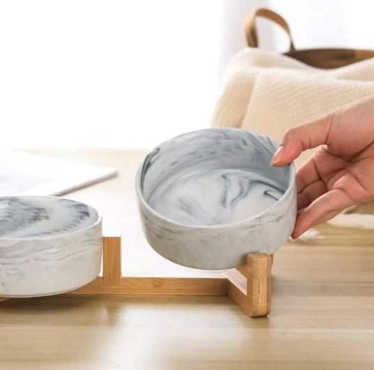 Miska dla psa kota podwójna ceramiczna miski na stojaku marmur 2x400ml