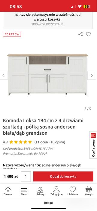 Komoda BRW biała, duża, idealny stan – 194 cm szer.