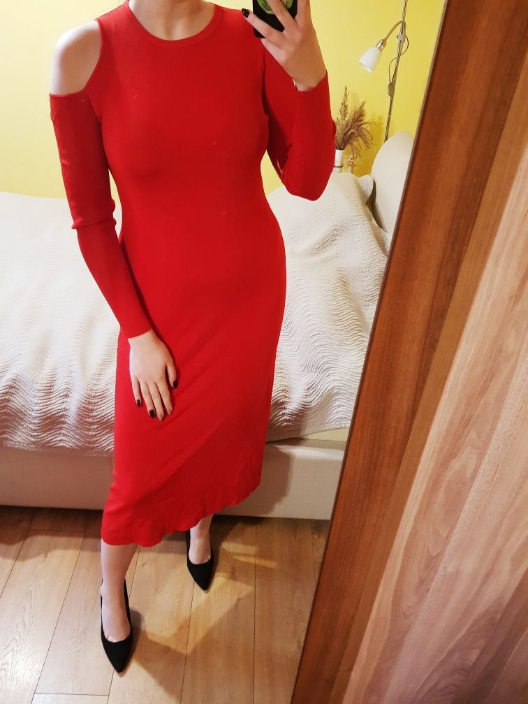 Nowa czerwona sukienka midi z długim rękawem Zara M/L