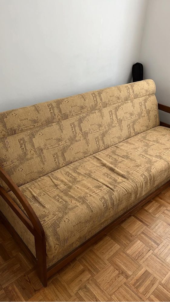 Kanapa sofa lozko rozkladane mebel tapicerowany bezowy drewniany