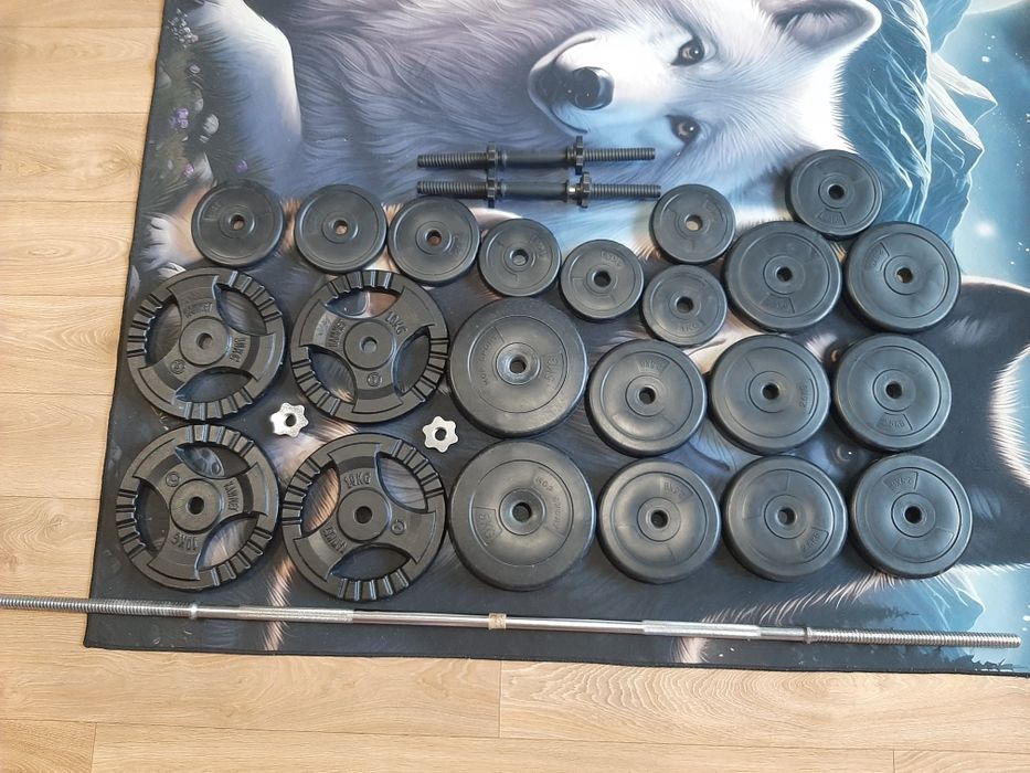 Kompletny zestaw do ćwiczeń – ławka, stojaki, sztanga +ok.80 kg obciąż