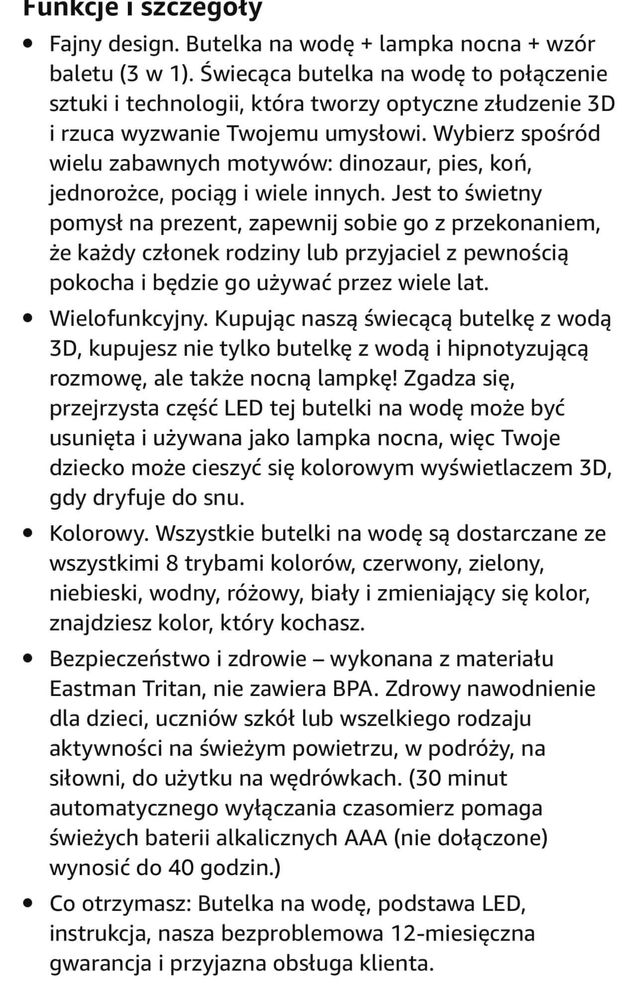 Jednorożec - butelka do picia z lampka 2w1