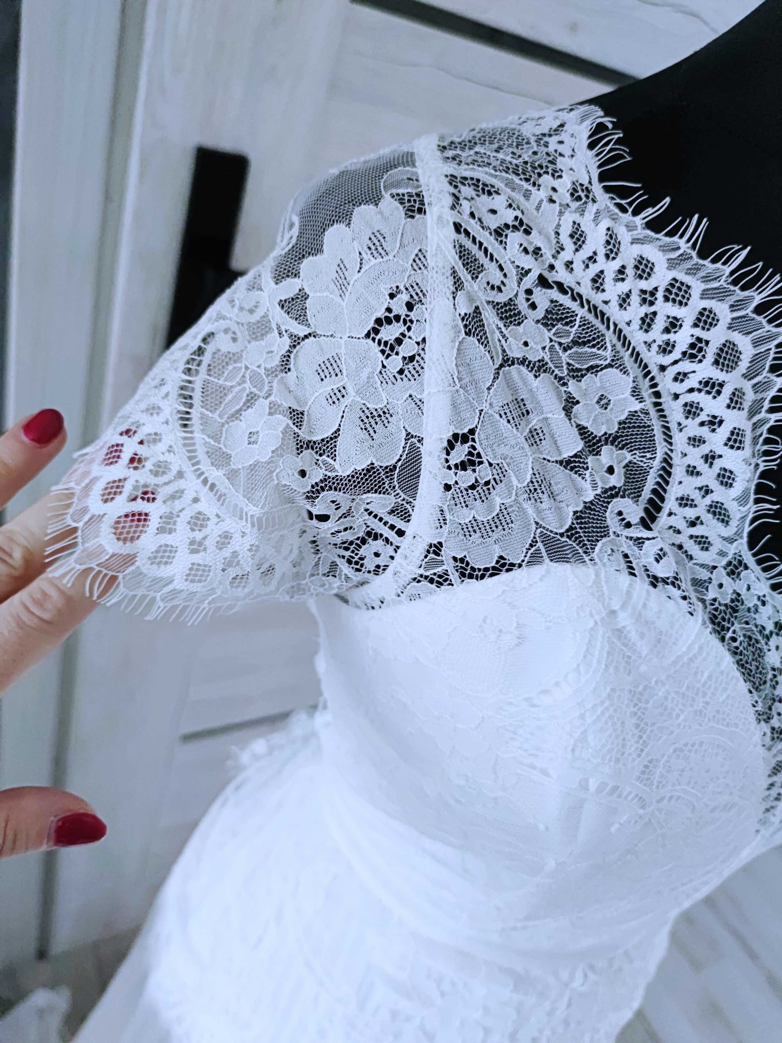 suknia ślubna księżniczka plisowana rozmiar xl 42 koronkowa etno retro