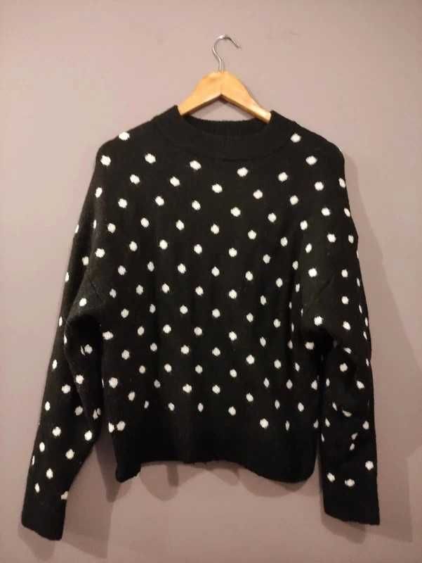 Sweter czarny w kropki groszki białe h&m XS 34 sweterek bluza ciepła