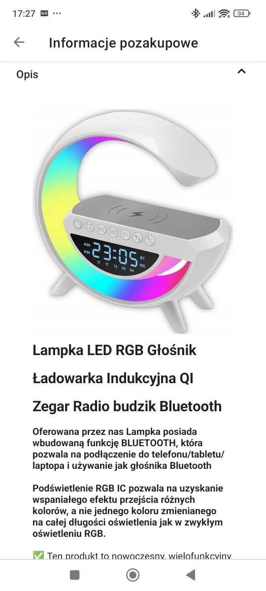 Budzik zegar głośnik radio lampka