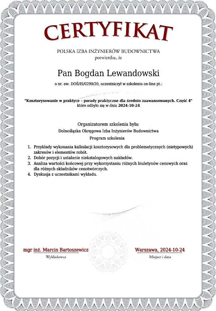 KOSZTORYSANT budowlany, Kosztorys z projektu, obmiaru.