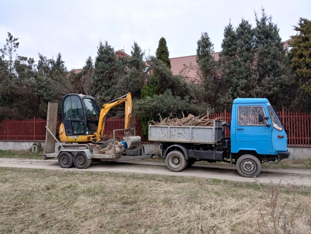 Minikoparka wywrotka oczyszczalnia korytowanie trawnik niwelowanie