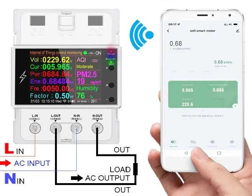 Реле напряжения 220В WiFi BT TUYA + счетчик + автомат+ мониторинг 100А