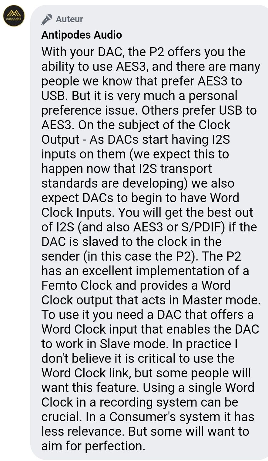 DDC Reclocker High End de alta precisão Antipodes P2 // Word clock Out