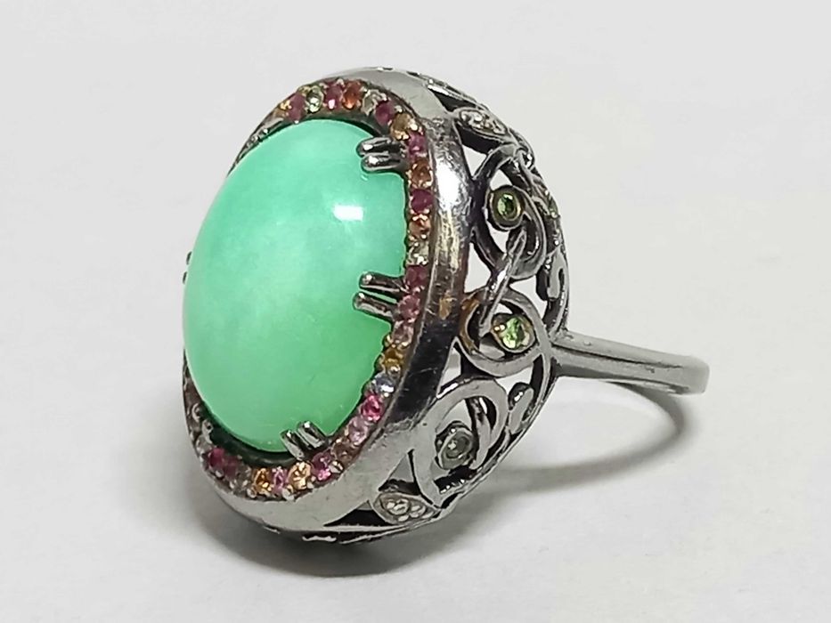 Biżuteria dawna, pierścionek, awenturyn, szafiry, diamenty, srebro 925