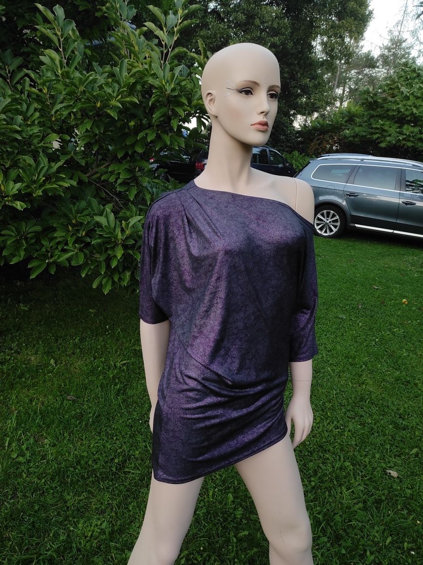 Fioletowa asymetryczna bluzka Sexy tunika na jedno ramię CLICK 38/M