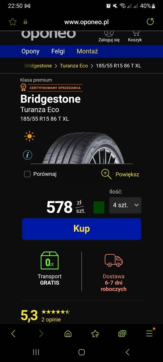 Opony 185/55 R15 86T Bridgestone Turanza 2022r