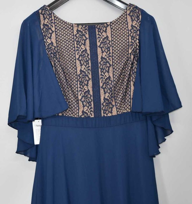 Zwiewna wizytowa sukienka Bonprix granatowa koronkowa 38 długa nowa