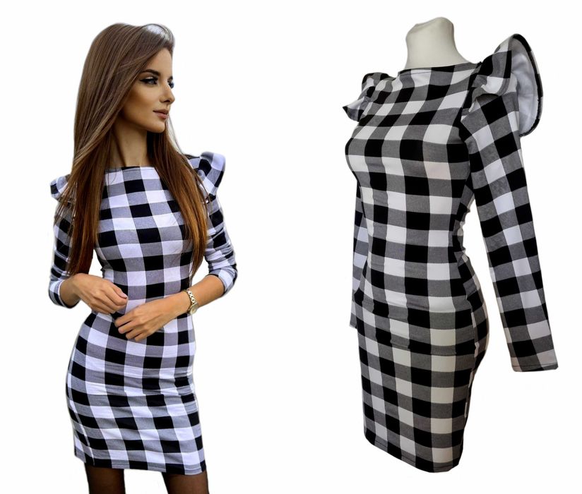 NOWA Sukienka ołówkowa w KRATKĘ czarno biała z FALBANKAMI na ŚWIĘTA