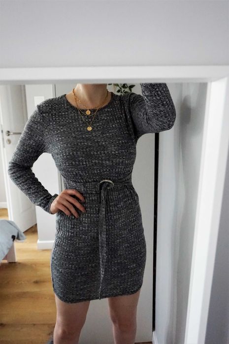 S 36 szary długi sweter sukienka sweterkowa dzianinowa w prążki prążek