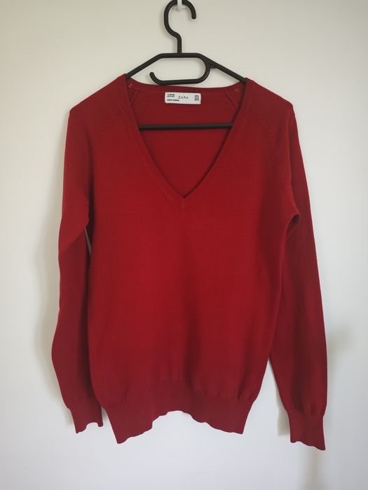 Czerwony sweter z długim rękawem i dekoltem w serek ZARA rozmiar XL kl