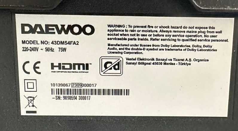 Телевизор на запчасти Разборка телевизора Daewoo 43DM 54FA2