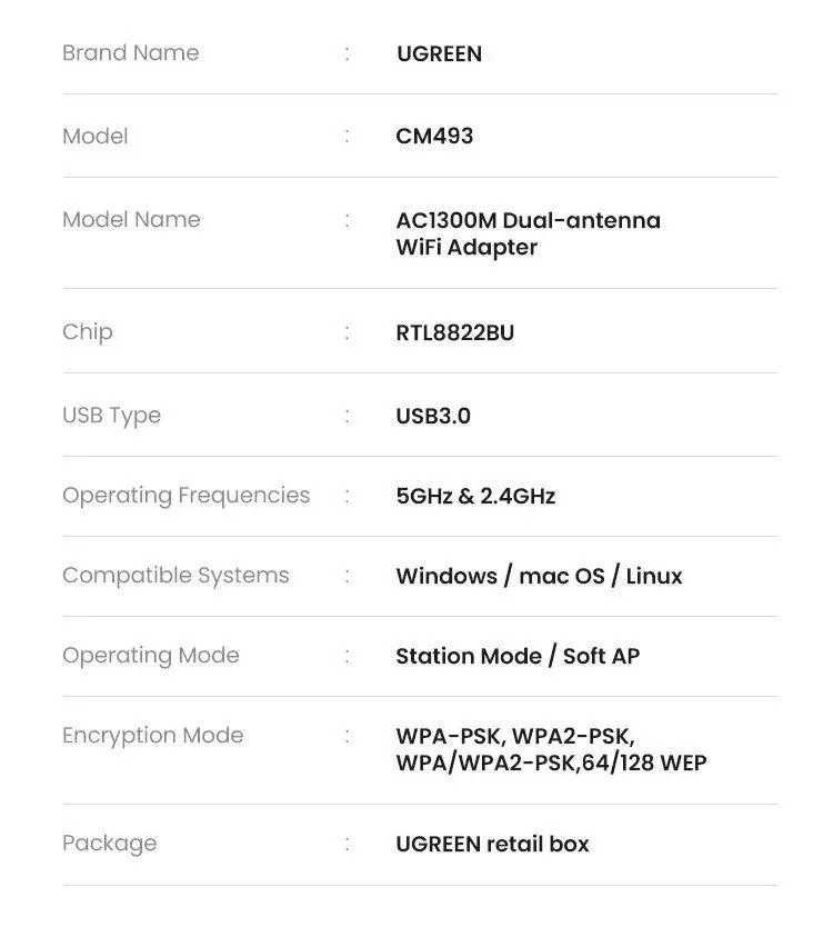 Беспроводной Wifi Адаптер USB UGREEN CM493 Wi-Fi AC1300 (50341)