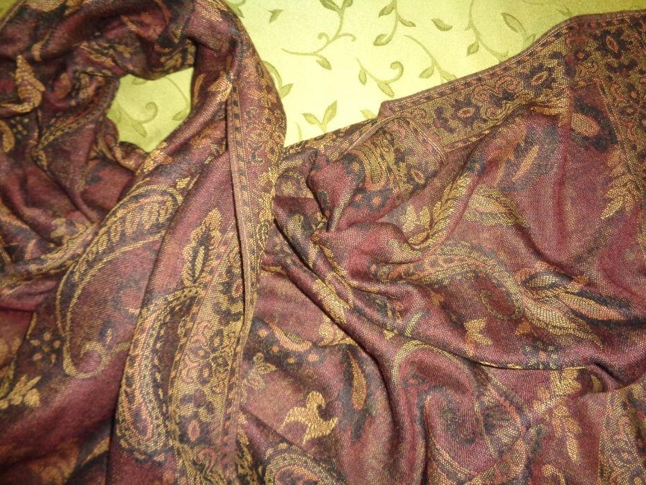 SEIDE i WOOL kaszmirowy brązowy duży szal szalik z frędzlami