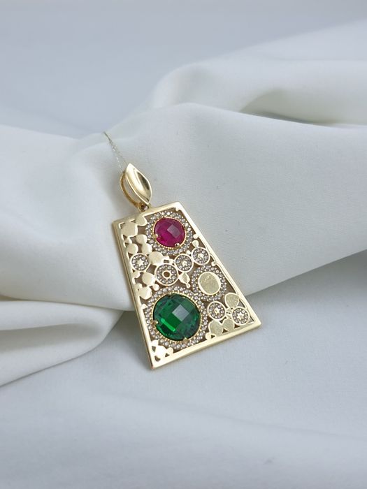 Piękna ażurowa duża zawieszka złota z kolorowymi cyrkoniami pr.585