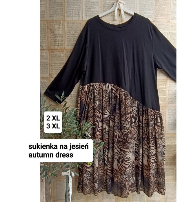 Sukienka na jesień autumn dress 2XL 3XL biust 60x2 Boho chic animal