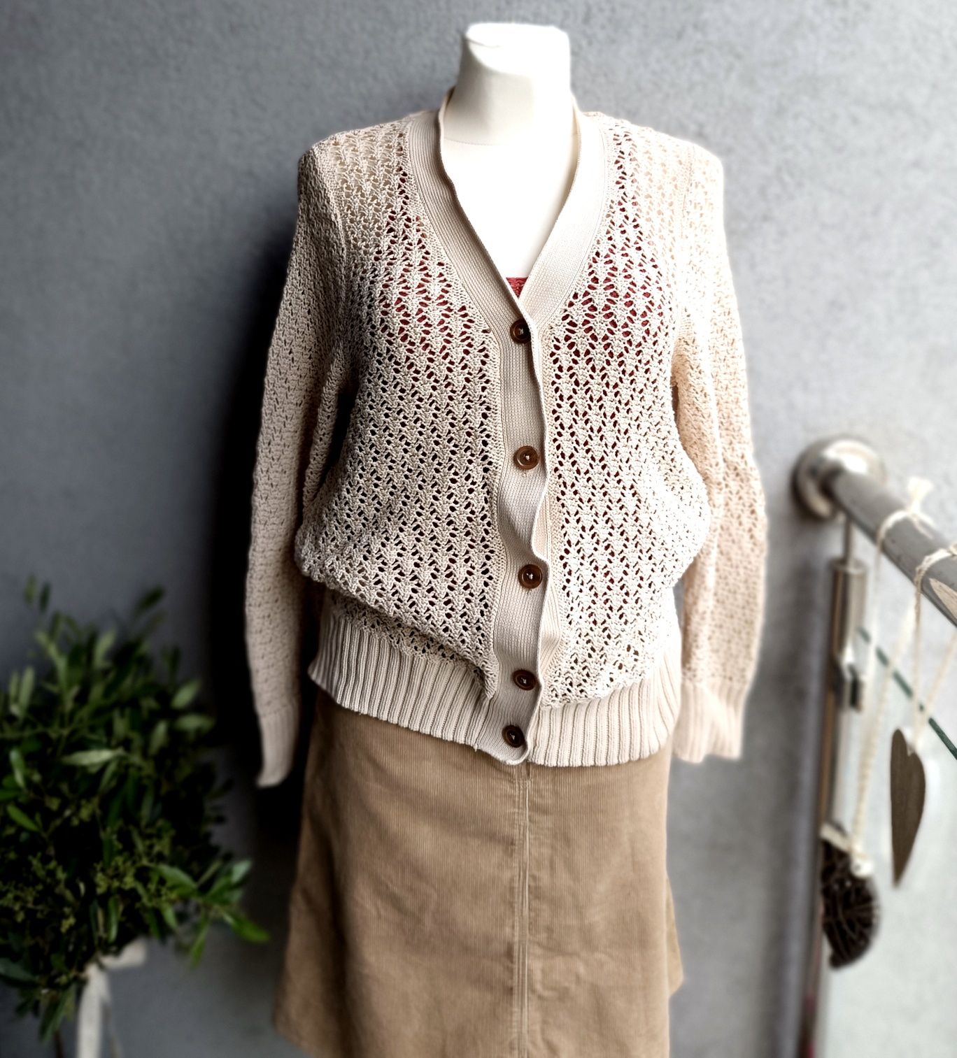 Sweter kardigan biust 46x2 M L beżowy vintage ażurowy bawełna