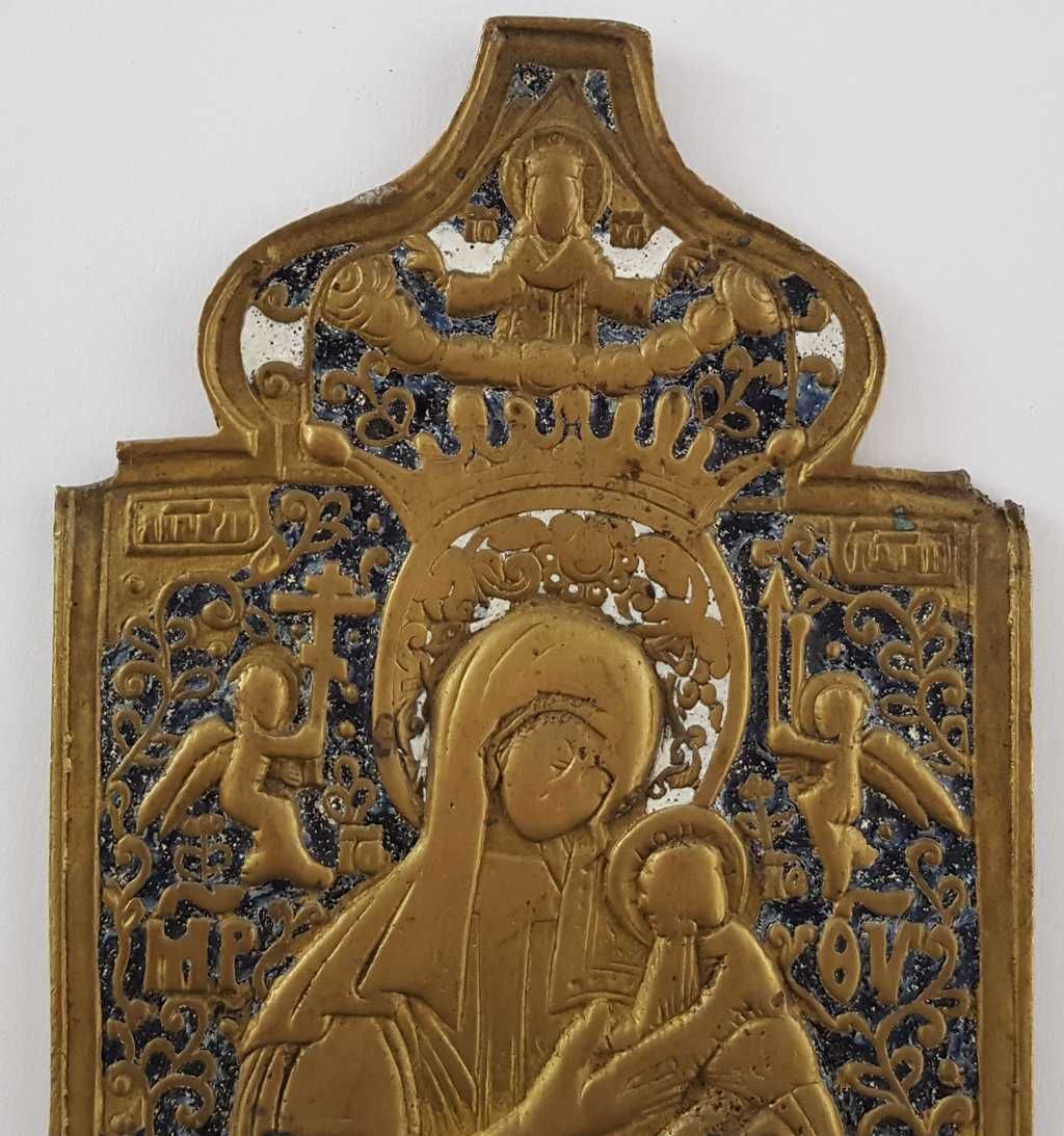 IKONA podróżna wykonana z brązu zdobiona emalią w XIX wieku