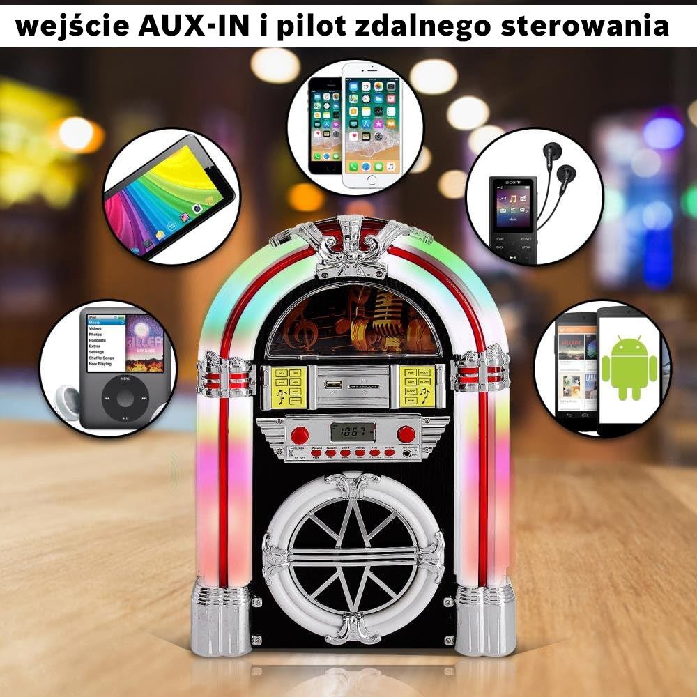 Retro Wieża Szafa Grającą NEWTRO JUKEBOX Radio FM Odtwarzacz CD USB SD