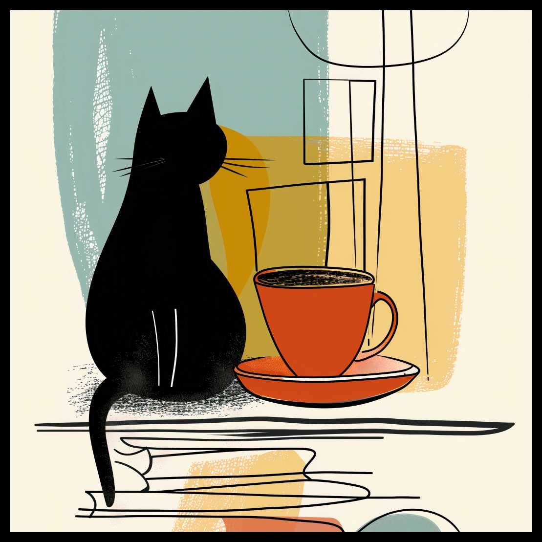 Plakat 50x50cm Kot i Kawa | Boho Minimalistyczny Retro | Do salonu
