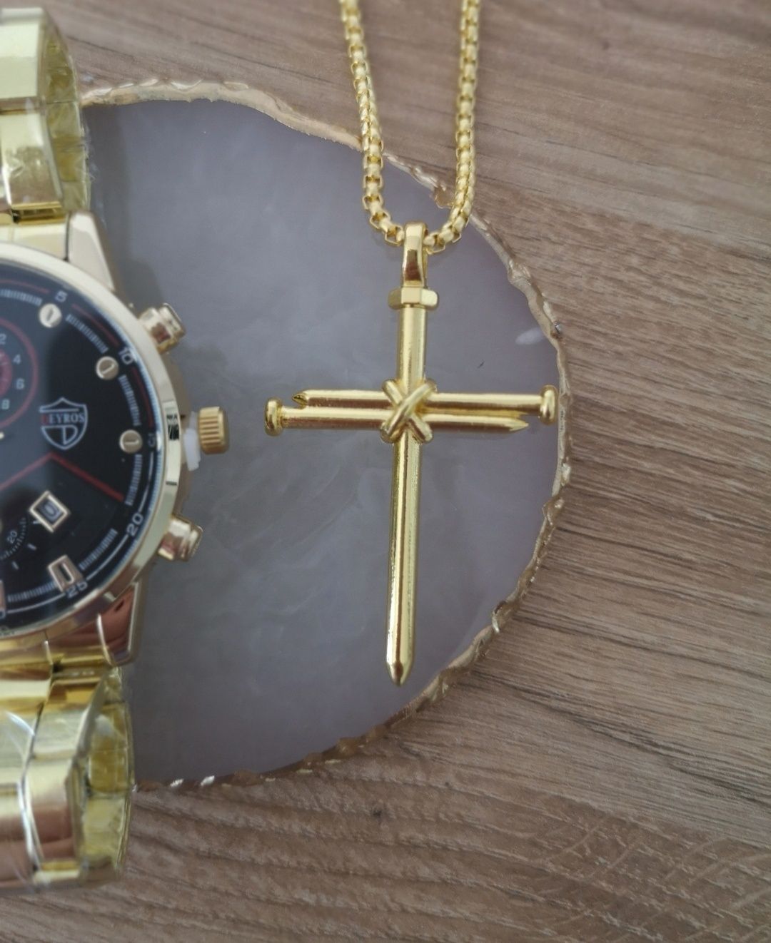 Zestaw na prezent zegarek męski złoty i naszyjnik z krzyżem