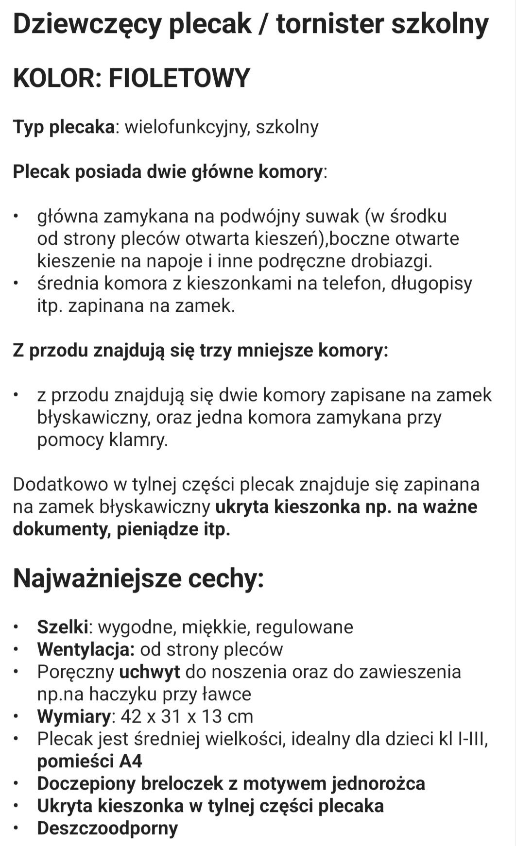 Plecak szkolny dla dziewczynki Fioletowy