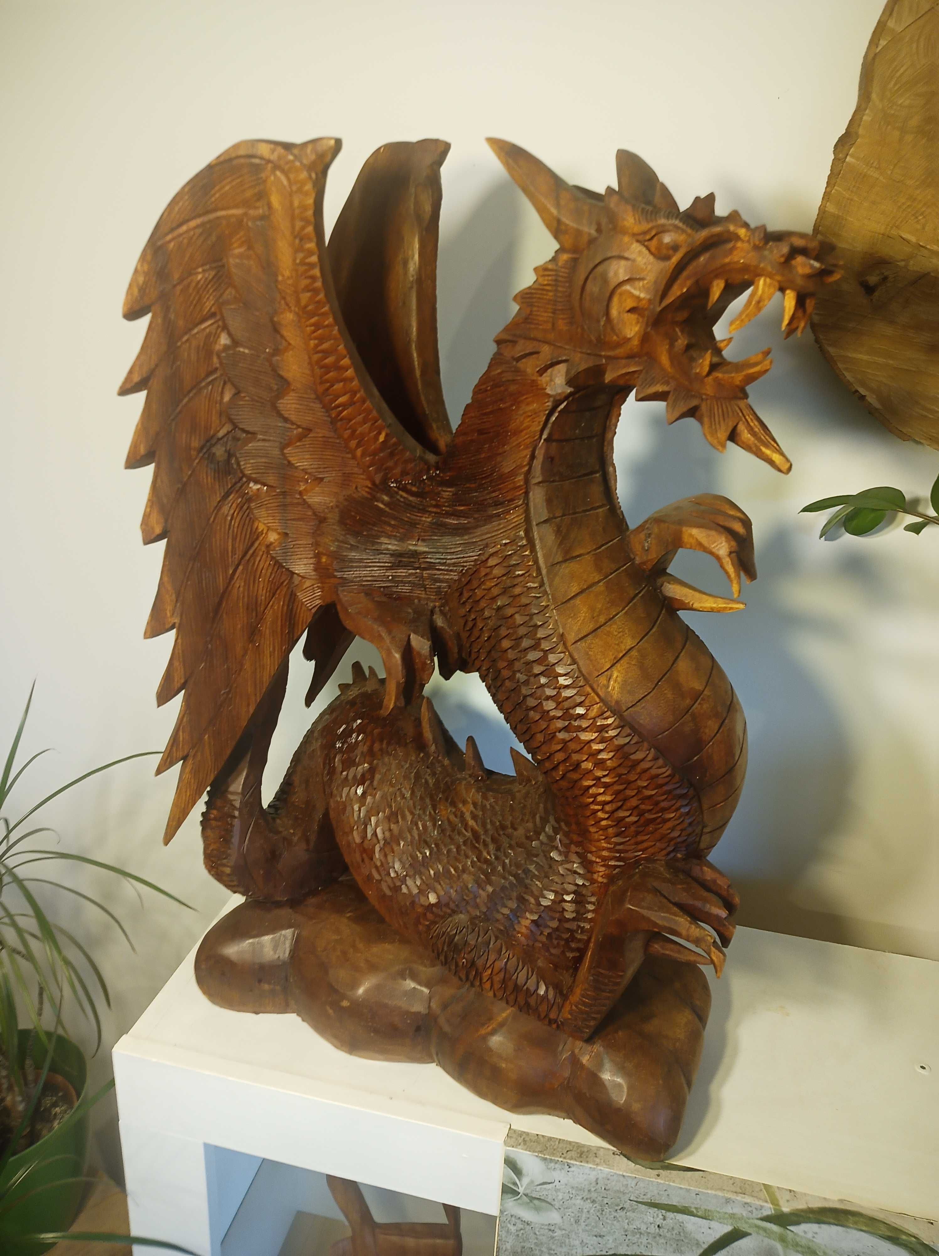 Wielki drewniany Smok, rzeźba rękodzieło 63 x 40cm Figura Smoka XXL